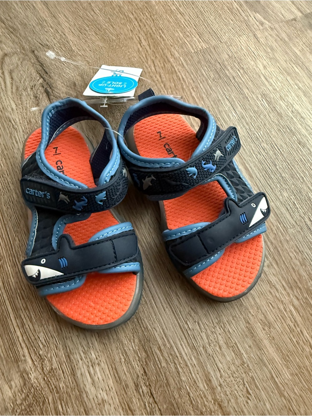 Carter's Kids Shark Light Up Sandals in Navy and Orange, size 7